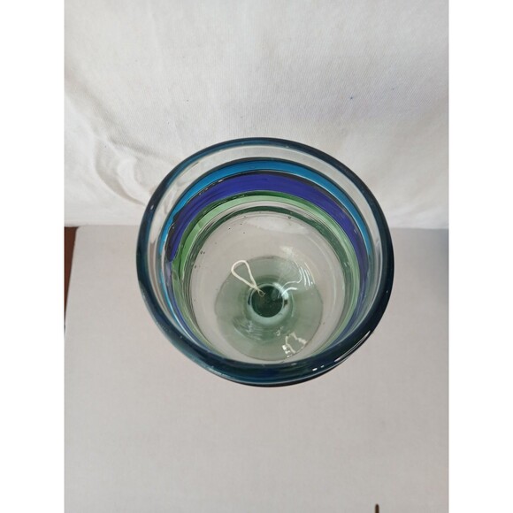 Mexico Hand Blown Blue Green Rings Wine Water Goblet Wine Glass Heavy Unique - Picture 3 of 5